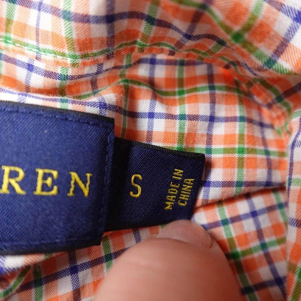 Ralph Lauren Shirt Mens S Orange Green Check Pony Button Up Long Sleeve Preppy‎